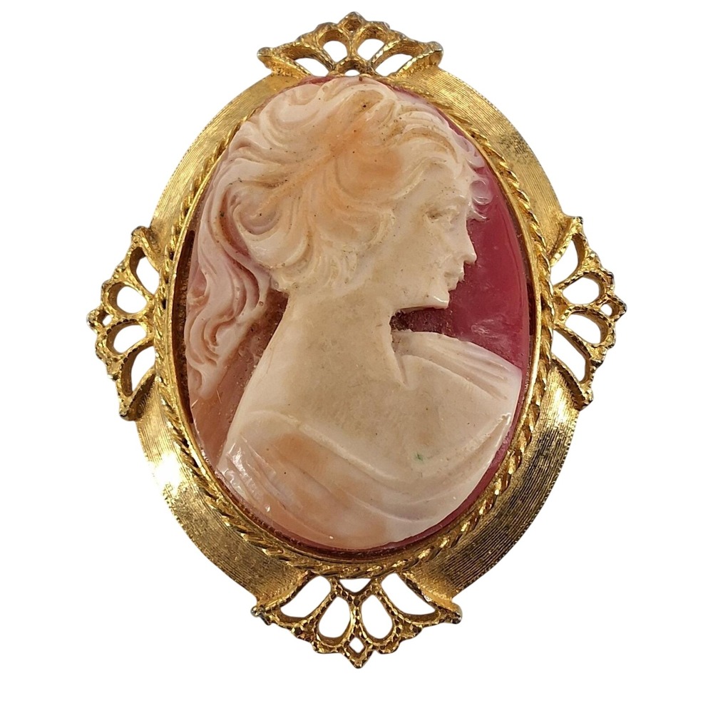 Vtg Lind Gal LG Cameo Brooch Pendant Pink Gold Tone Silhouette